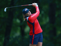 GAINESVILLE, VIRGINIA - SEPTEMBER 13: Lauren Coughlin of the United States hits from the 9th tee during Day One of the Solheim Cup at Robert...