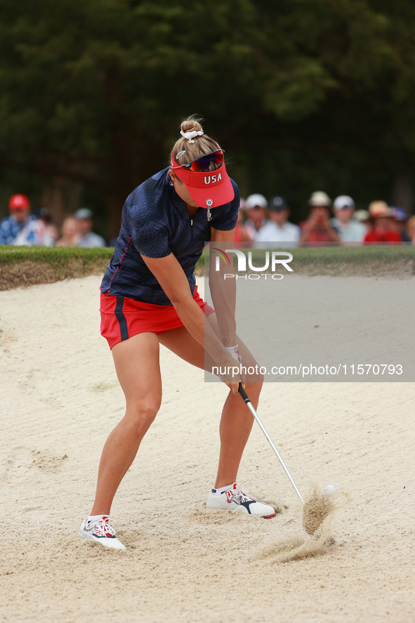 GAINESVILLE, VIRGINIA - SEPTEMBER 13: Lexi Thompson of the United States hits out of the third sand trap of three different traps she hit fr...