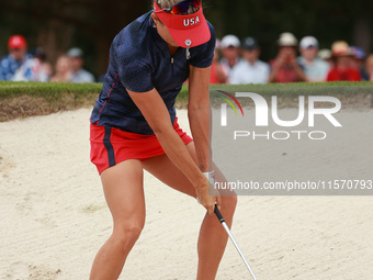 GAINESVILLE, VIRGINIA - SEPTEMBER 13: Lexi Thompson of the United States hits out of the third sand trap of three different traps she hit fr...