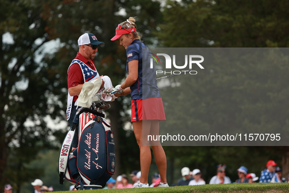 GAINESVILLE, VIRGINIA - SEPTEMBER 13: Lexi Thompson of the United States hits out of the third sand trap of three different traps she hit fr...