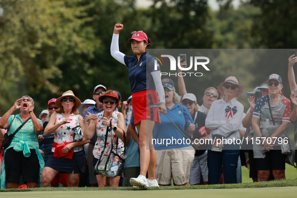 GAINESVILLE, VIRGINIA - SEPTEMBER 13: Rose Zhang of the United States reacts to her putt on the third green during Fourball Matches on Day O...