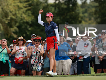 GAINESVILLE, VIRGINIA - SEPTEMBER 13: Rose Zhang of the United States reacts to her putt on the third green during Fourball Matches on Day O...