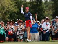 GAINESVILLE, VIRGINIA - SEPTEMBER 13: Rose Zhang of the United States reacts to her putt on the third green during Fourball Matches on Day O...