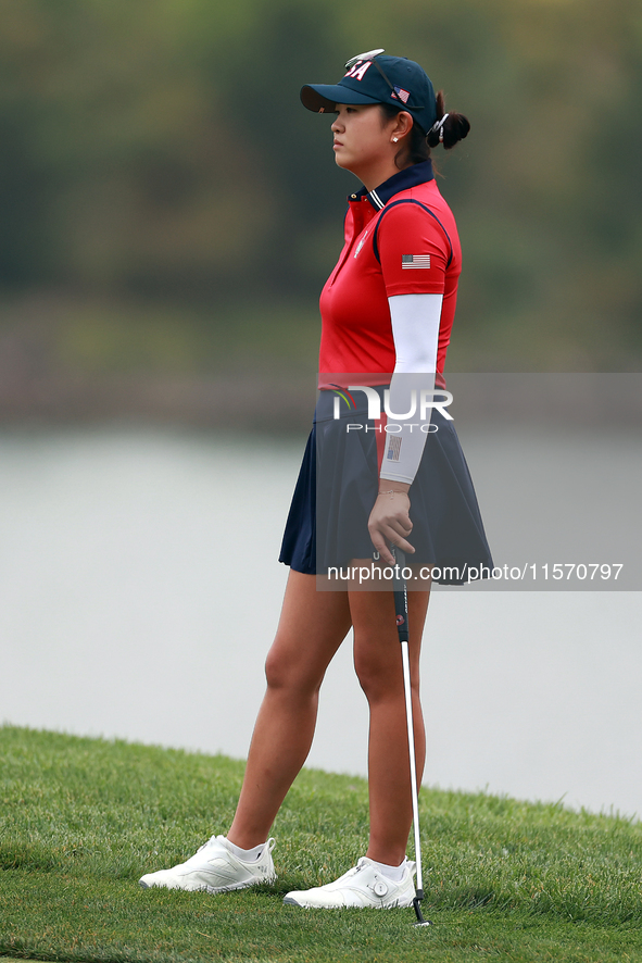 GAINESVILLE, VIRGINIA - SEPTEMBER 13: Rose Zhang of the United States waits on the 9th green during Day One of the Solheim Cup at Robert Tre...