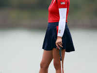 GAINESVILLE, VIRGINIA - SEPTEMBER 13: Rose Zhang of the United States waits on the 9th green during Day One of the Solheim Cup at Robert Tre...