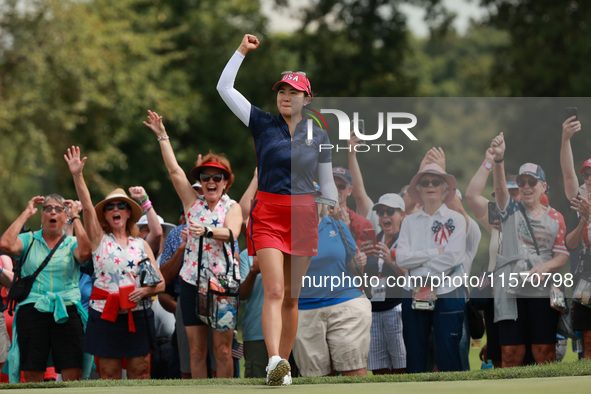 GAINESVILLE, VIRGINIA - SEPTEMBER 13: Rose Zhang of the United States reacts to her putt on the third green during Fourball Matches on Day O...