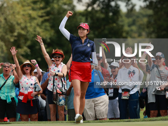 GAINESVILLE, VIRGINIA - SEPTEMBER 13: Rose Zhang of the United States reacts to her putt on the third green during Fourball Matches on Day O...