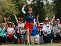 GAINESVILLE, VIRGINIA - SEPTEMBER 13: Rose Zhang of the United States reacts to her putt on the third green during Fourball Matches on Day O...