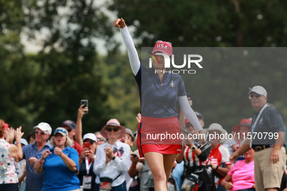 GAINESVILLE, VIRGINIA - SEPTEMBER 13: Rose Zhang of the United States reacts to her putt on the third green during Fourball Matches on Day O...