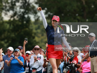 GAINESVILLE, VIRGINIA - SEPTEMBER 13: Rose Zhang of the United States reacts to her putt on the third green during Fourball Matches on Day O...