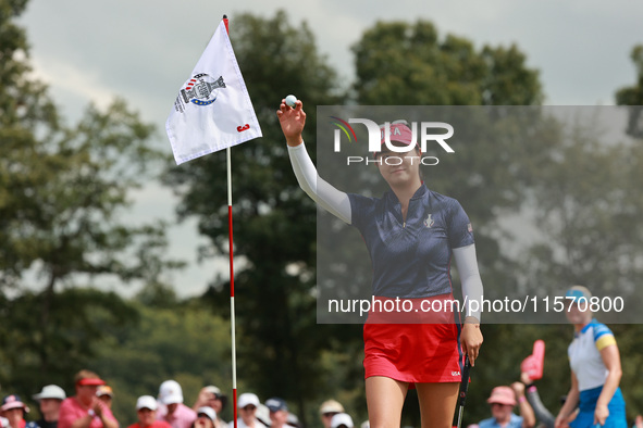 GAINESVILLE, VIRGINIA - SEPTEMBER 13: Rose Zhang of the United States reacts to her putt on the third green during Fourball Matches on Day O...