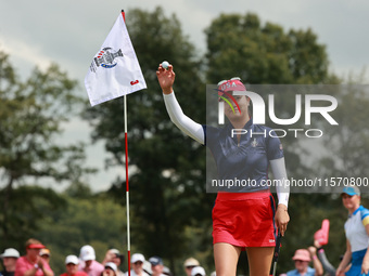 GAINESVILLE, VIRGINIA - SEPTEMBER 13: Rose Zhang of the United States reacts to her putt on the third green during Fourball Matches on Day O...