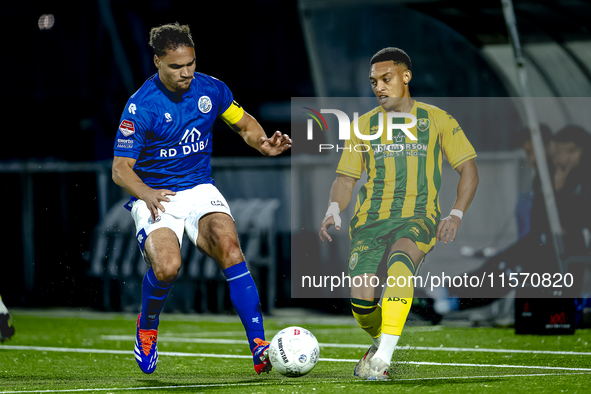 FC Den Bosch player Victor van den Bogaert and ADO Den Haag player Steven van der Sloot during the match between Den Bosch and ADO at De Vli...