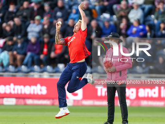 #92, Brydon Carse of England bowls during the Second Vitality T20 International match between England and Australia at Sofia Gardens in Card...