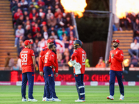 Adil Rashid of England is congratulated for his dismissal of Matthew Short of Australia during the Second Vitality T20 International match b...