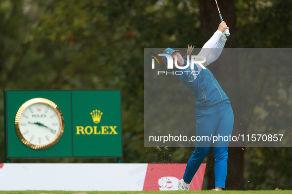 GAINESVILLE, VIRGINIA - SEPTEMBER 13: Emily Kristine Pedersen of Team Europe hits from the 9th tee during Day One of the Solheim Cup at Robe...