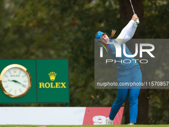 GAINESVILLE, VIRGINIA - SEPTEMBER 13: Emily Kristine Pedersen of Team Europe hits from the 9th tee during Day One of the Solheim Cup at Robe...