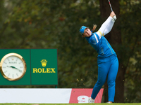 GAINESVILLE, VIRGINIA - SEPTEMBER 13: Emily Kristine Pedersen of Team Europe hits from the 9th tee during Day One of the Solheim Cup at Robe...