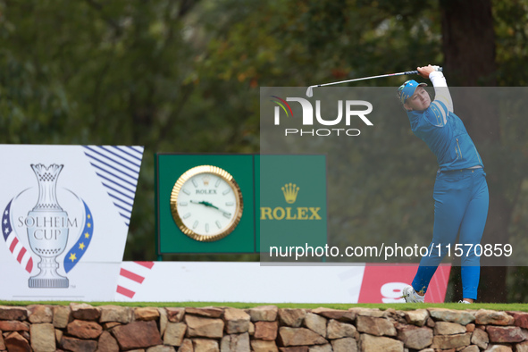 GAINESVILLE, VIRGINIA - SEPTEMBER 13: Emily Kristine Pedersen of Team Europe hits from the 9th tee during Day One of the Solheim Cup at Robe...