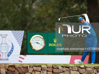 GAINESVILLE, VIRGINIA - SEPTEMBER 13: Emily Kristine Pedersen of Team Europe hits from the 9th tee during Day One of the Solheim Cup at Robe...