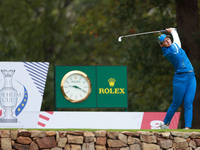 GAINESVILLE, VIRGINIA - SEPTEMBER 13: Emily Kristine Pedersen of Team Europe hits from the 9th tee during Day One of the Solheim Cup at Robe...