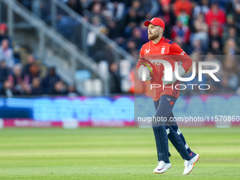 Phil Salt of England changes ends during the Second Vitality T20 International match between England and Australia at Sofia Gardens in Cardi...