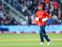 Phil Salt of England changes ends during the Second Vitality T20 International match between England and Australia at Sofia Gardens in Cardi...