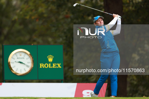 GAINESVILLE, VIRGINIA - SEPTEMBER 13: Emily Kristine Pedersen of Team Europe hits from the 9th tee during Day One of the Solheim Cup at Robe...