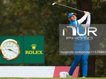 GAINESVILLE, VIRGINIA - SEPTEMBER 13: Emily Kristine Pedersen of Team Europe hits from the 9th tee during Day One of the Solheim Cup at Robe...