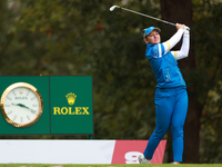 GAINESVILLE, VIRGINIA - SEPTEMBER 13: Emily Kristine Pedersen of Team Europe hits from the 9th tee during Day One of the Solheim Cup at Robe...