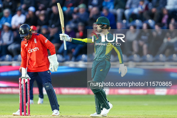 #23, Jake Fraser-McGurk of Australia celebrates his half-century during the Second Vitality T20 International match between England and Aust...