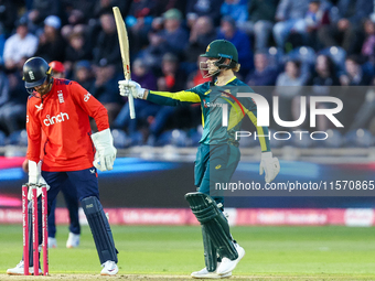 #23, Jake Fraser-McGurk of Australia celebrates his half-century during the Second Vitality T20 International match between England and Aust...