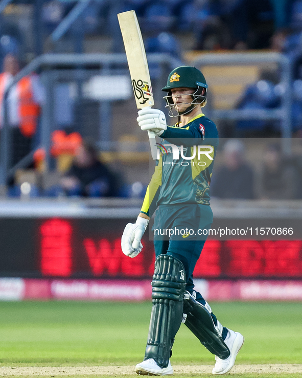 #23, Jake Fraser-McGurk of Australia celebrates his half-century during the Second Vitality T20 International match between England and Aust...