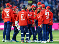 #23, Liam Livingstone of England (center facing right), celebrates taking the wicket of #23, Jake Fraser-McGurk of Australia, caught by #75,...