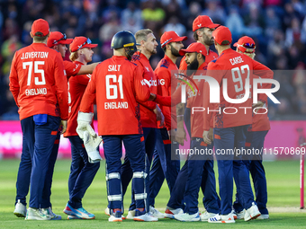 #23, Liam Livingstone of England (center facing right), celebrates taking the wicket of #23, Jake Fraser-McGurk of Australia, caught by #75,...