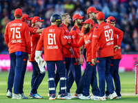 #23, Liam Livingstone of England (center facing right), celebrates taking the wicket of #23, Jake Fraser-McGurk of Australia, caught by #75,...