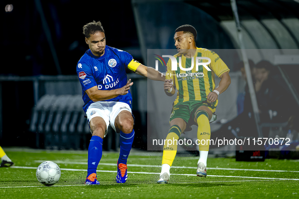 FC Den Bosch player Victor van den Bogaert and ADO Den Haag player Steven van der Sloot during the match between Den Bosch and ADO at De Vli...