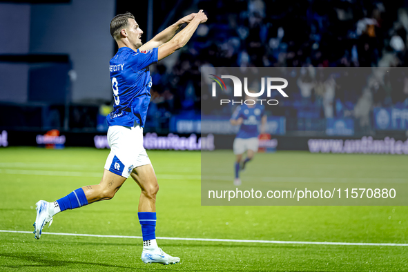 FC Den Bosch player Torles Knoll scores the 1-0 and celebrates the goal during the match between Den Bosch and ADO at De Vliert for the Keuk...