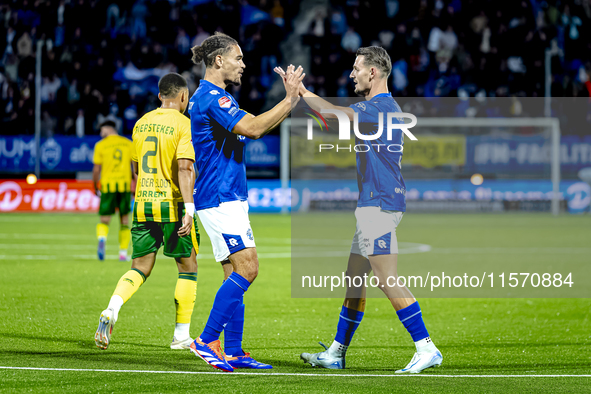 FC Den Bosch player Torles Knoll scores the 1-0 and celebrates the goal during the match between Den Bosch and ADO at De Vliert for the Keuk...