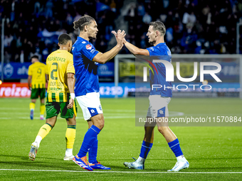 FC Den Bosch player Torles Knoll scores the 1-0 and celebrates the goal during the match between Den Bosch and ADO at De Vliert for the Keuk...