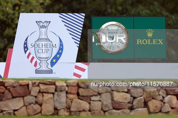 GAINESVILLE, VIRGINIA - SEPTEMBER 13: The Rolex and Solheim Cup display is placed at the 9th tee during Day One of the Solheim Cup at Robert...