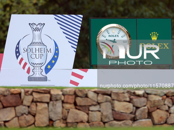 GAINESVILLE, VIRGINIA - SEPTEMBER 13: The Rolex and Solheim Cup display is placed at the 9th tee during Day One of the Solheim Cup at Robert...