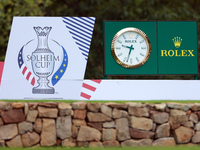 GAINESVILLE, VIRGINIA - SEPTEMBER 13: The Rolex and Solheim Cup display is placed at the 9th tee during Day One of the Solheim Cup at Robert...