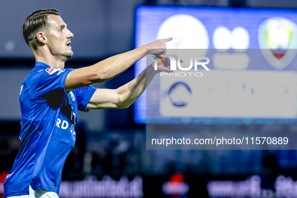 FC Den Bosch player Torles Knoll scores the 1-0 and celebrates the goal during the match between Den Bosch and ADO at De Vliert for the Keuk...