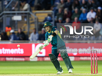 Josh Inglis of Australia hits the ball to the boundary for 4 during the Second Vitality T20 International match between England and Australi...