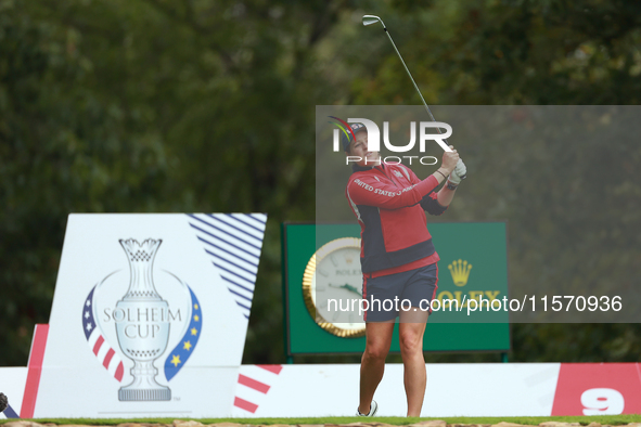 GAINESVILLE, VIRGINIA - SEPTEMBER 13: Ally Ewing of the United States hits from the 9th tee during Day One of the Solheim Cup at Robert Tren...