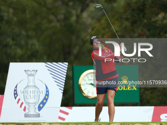 GAINESVILLE, VIRGINIA - SEPTEMBER 13: Ally Ewing of the United States hits from the 9th tee during Day One of the Solheim Cup at Robert Tren...