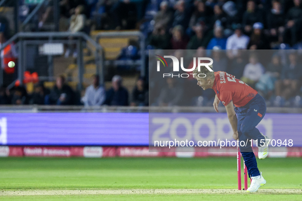 Sam Curran of England bowls during the Second Vitality T20 International match between England and Australia at Sofia Gardens in Cardiff, Wa...