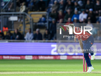 Sam Curran of England bowls during the Second Vitality T20 International match between England and Australia at Sofia Gardens in Cardiff, Wa...