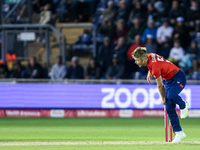 Sam Curran of England bowls during the Second Vitality T20 International match between England and Australia at Sofia Gardens in Cardiff, Wa...